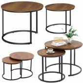 Set of 2-in-1 Round Coffee Tables Vintage Natural Wood 70x50cm 45x44cm