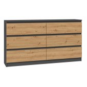 Topeshop Komoda Malwa 6 szuflad M6 140 - antracyt/ dąb artisan