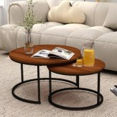 Set of 2-in-1 Round Coffee Tables Vintage Natural Wood 60x45cm 40x40cm