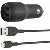 Dual USB-A Car Charger 24W + USB-A to Lightning Cable Black